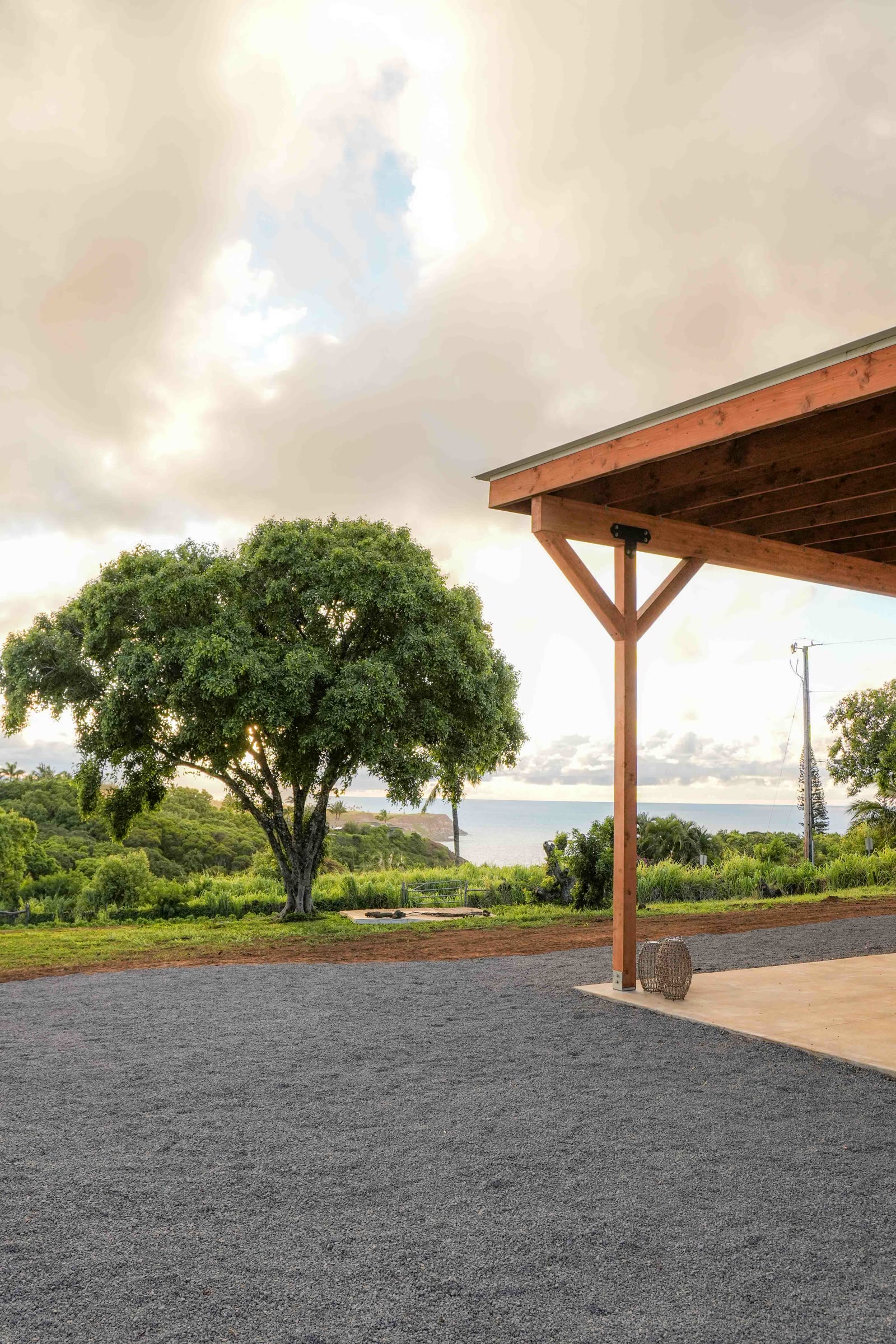 The open-air pavilion beside a mango tree with the north-shore ocean beyond